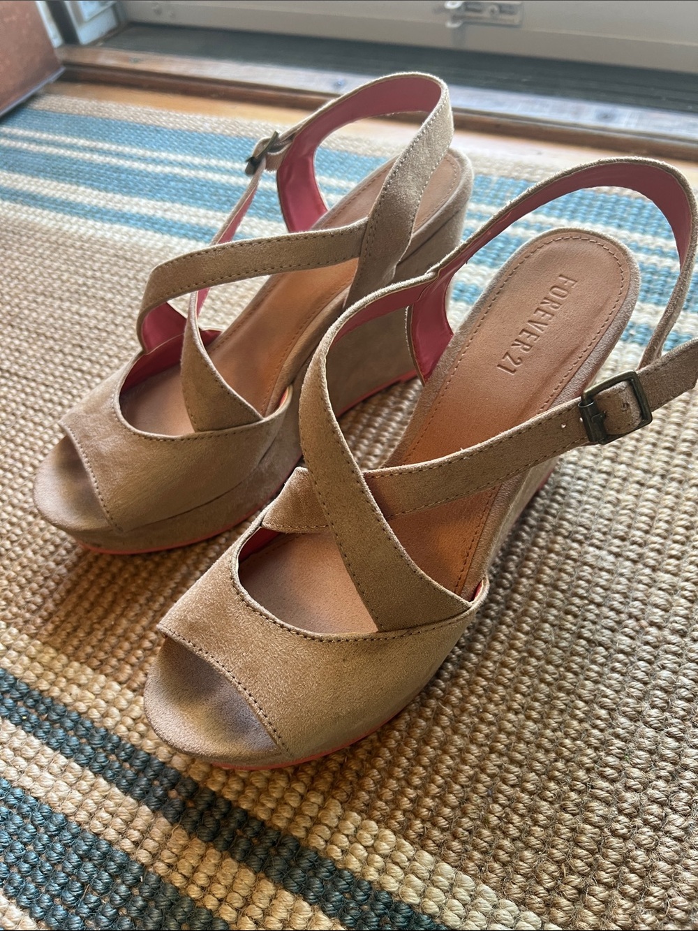 Forever 21 Tan Suede Crossover Wedge Sandals with Pink Lining